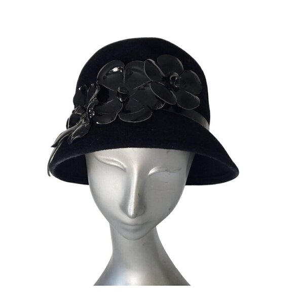 Vtg Frank Olive Patent Leather Flowers & Trim Black Wool Bucket Cloche Hat Boho main image 11